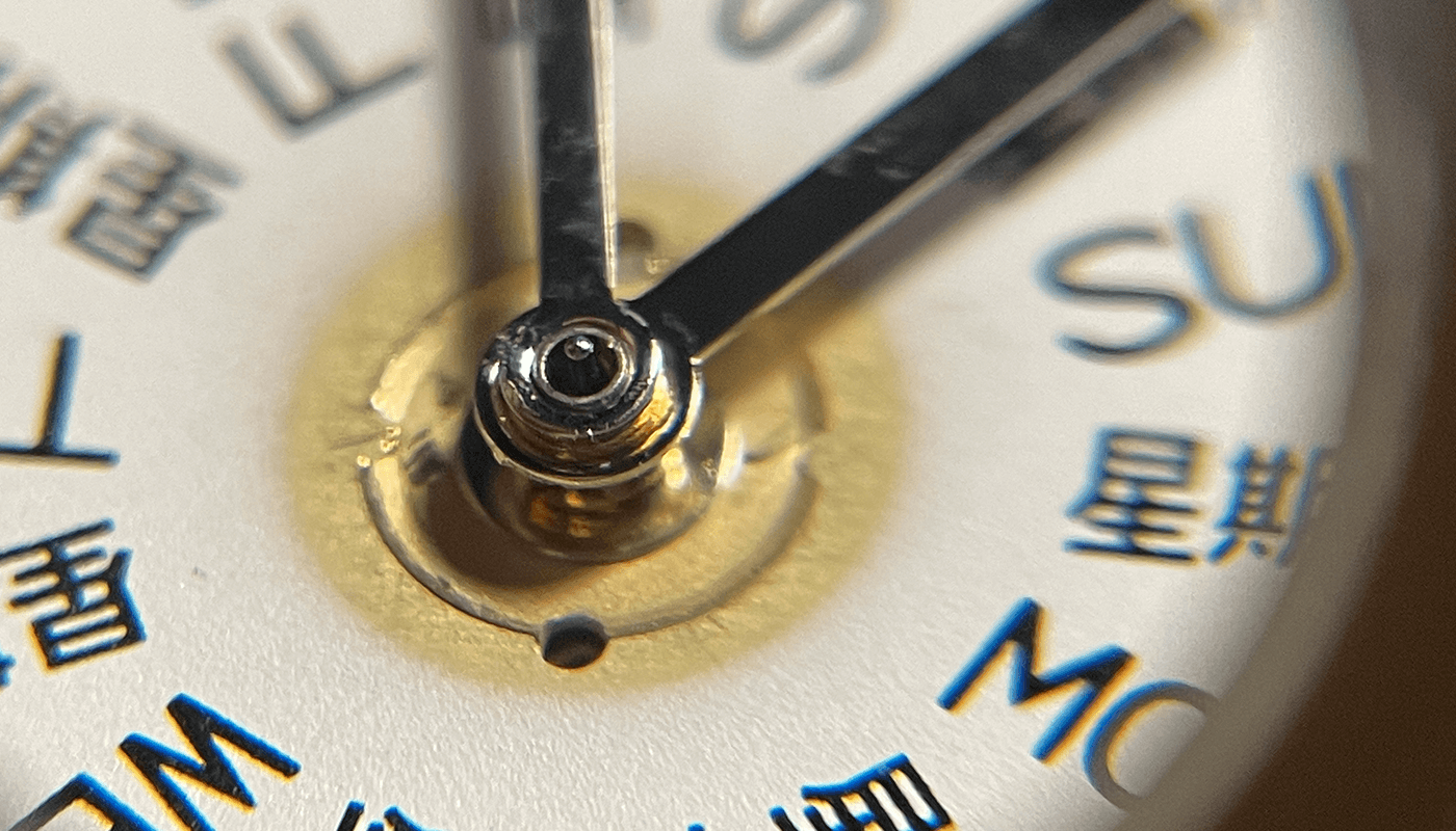 Close up of 2836 dial with hour, minute and second hands