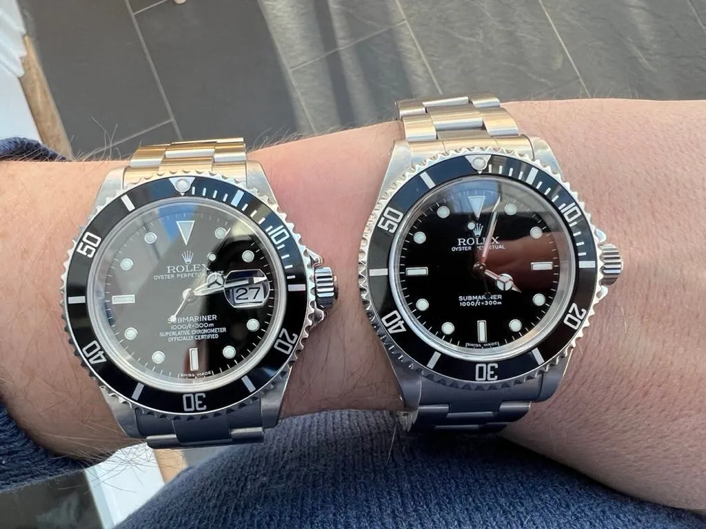 The 16610 franken build (left) and a genuine no-date Submariner (right) worn side by side on one wrist